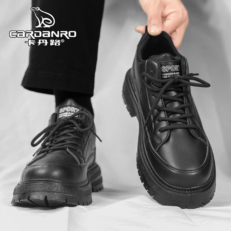 意大利卡丹路男鞋夏季英伦商务正装休闲皮鞋男士防滑黑色工装板鞋