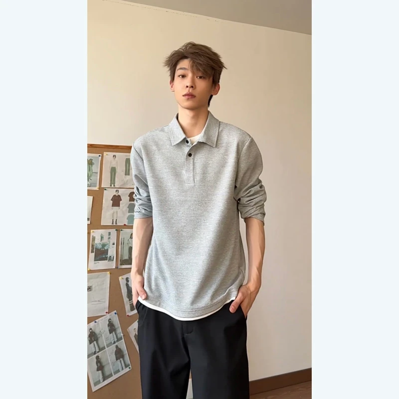 春装假两件POLO衫长袖休闲高级百搭翻领T恤复古百搭松弛感上衣