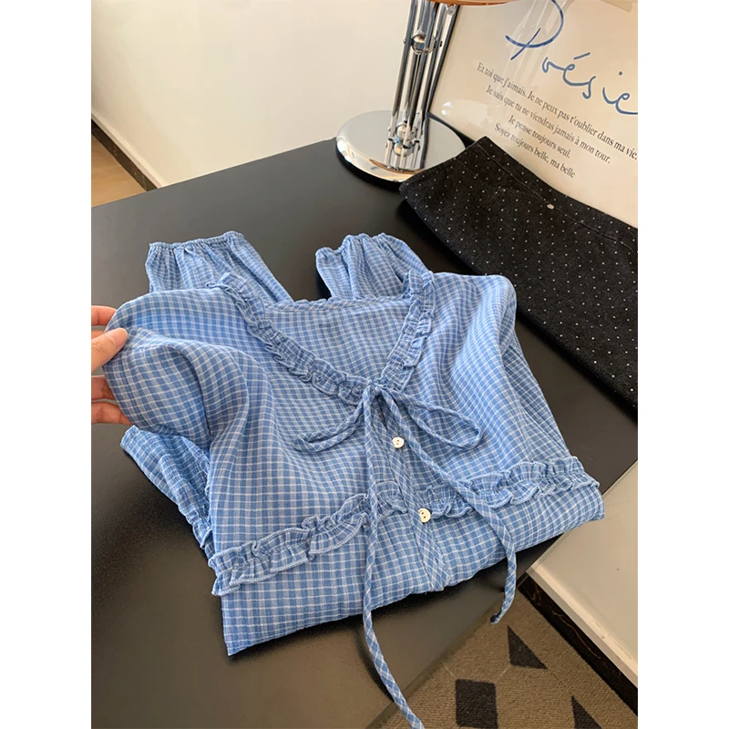 蓝色格子木耳边v领长袖衬衫女法式上衣高级感轻奢减龄洋气设计感