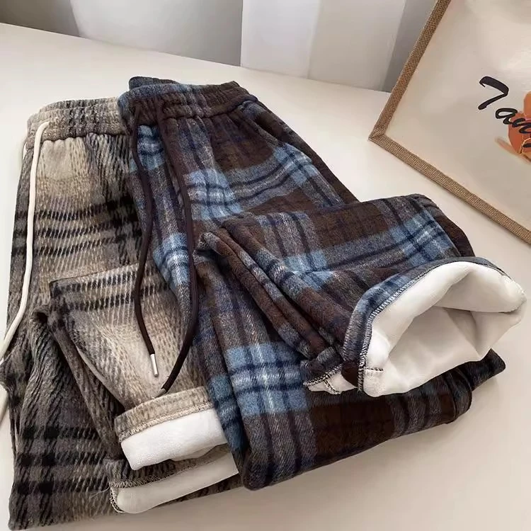 OHUP显瘦慵懒风毛呢裤子秋冬新款男女休闲格纹阔腿裤宽松男生裤子