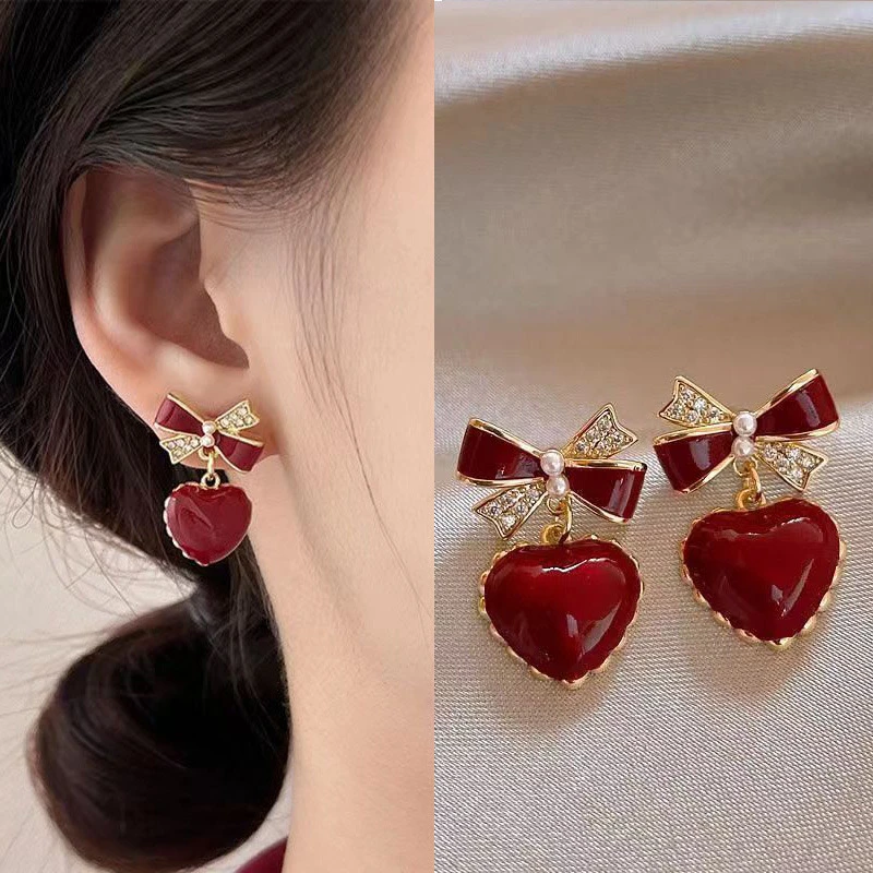 合金耳饰 法式酒红色滴釉爱心蝴蝶结无耳洞耳夹
