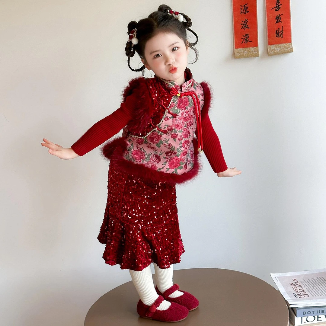 女童新中式亮片年服裙三件套冬季新款女宝宝女童冬季加绒唐装套装