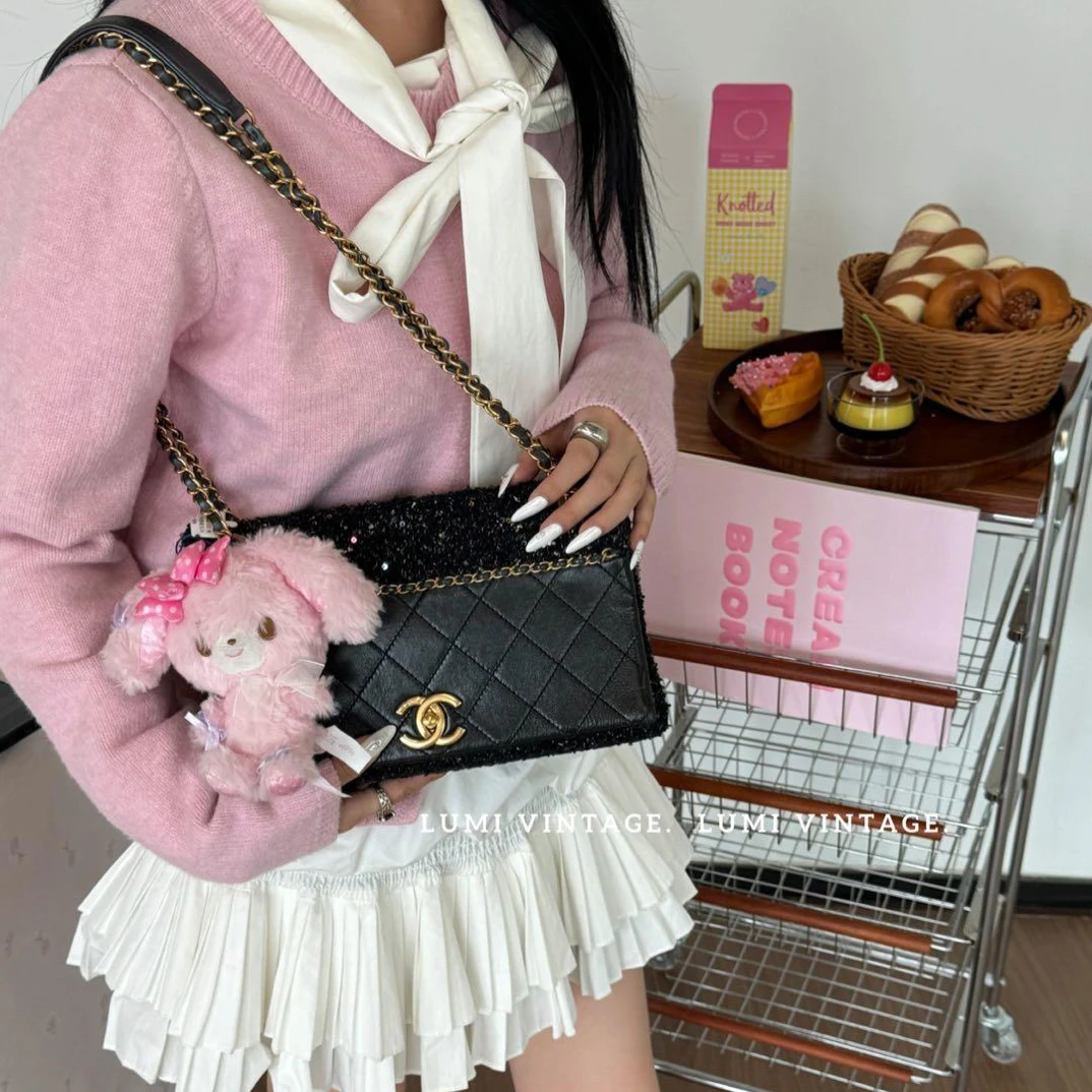 95新 Chanel/香奈儿 毛呢拼皮cf口盖包68047568