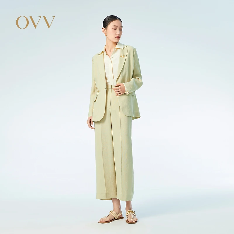 【达播】OVV春夏三醋酸仿麻松紧腰直筒休闲通勤九分裤西裤