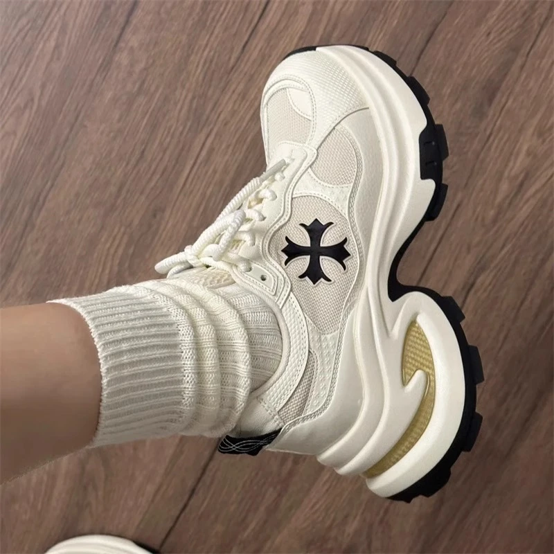 小个子厚底老爹鞋女2025年时尚新款百搭网面透气十字花休闲运动鞋