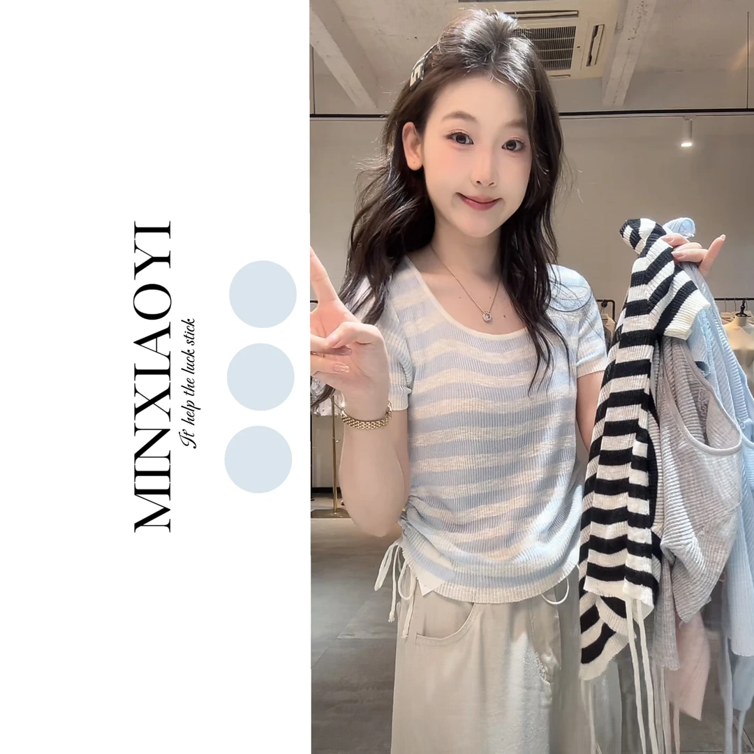 【闵笑一】柔风夏梦 夏季新款甜美简约圆领条纹短袖针织衫女上衣