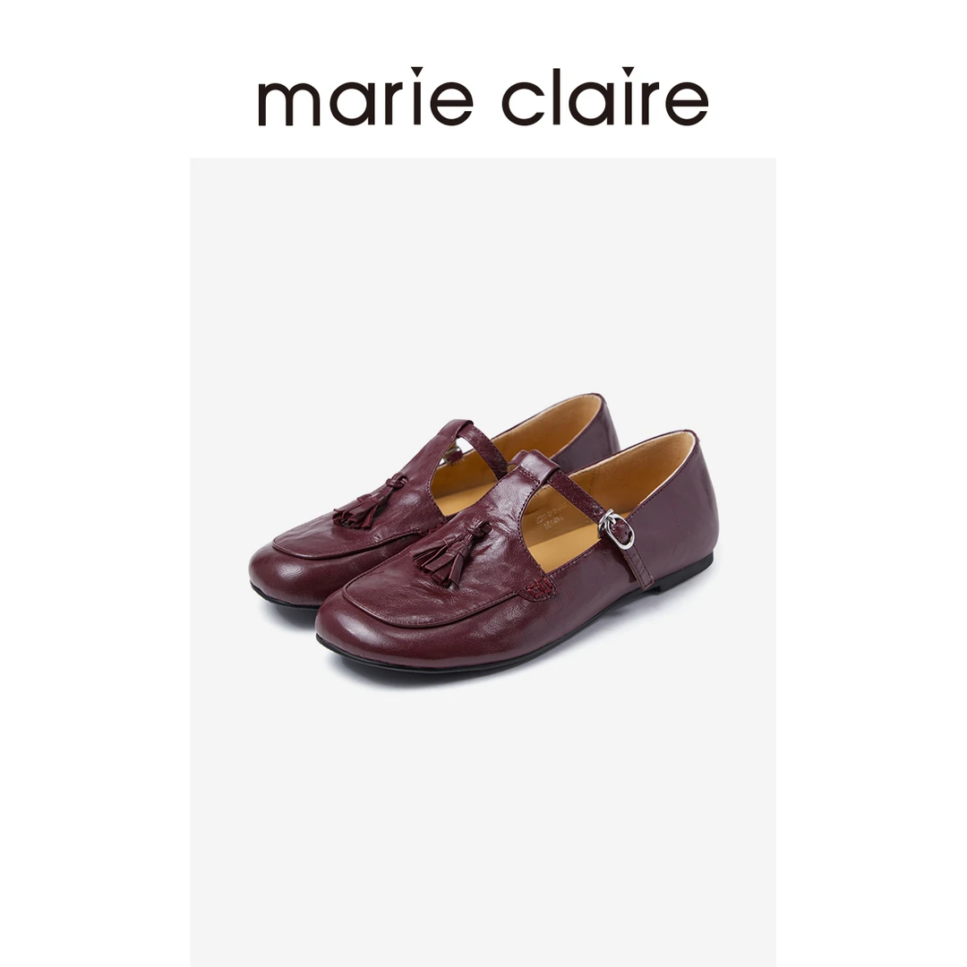 MC女鞋南法樱桃红复古方头流苏T带小皮鞋2025秋季marieclaire女鞋