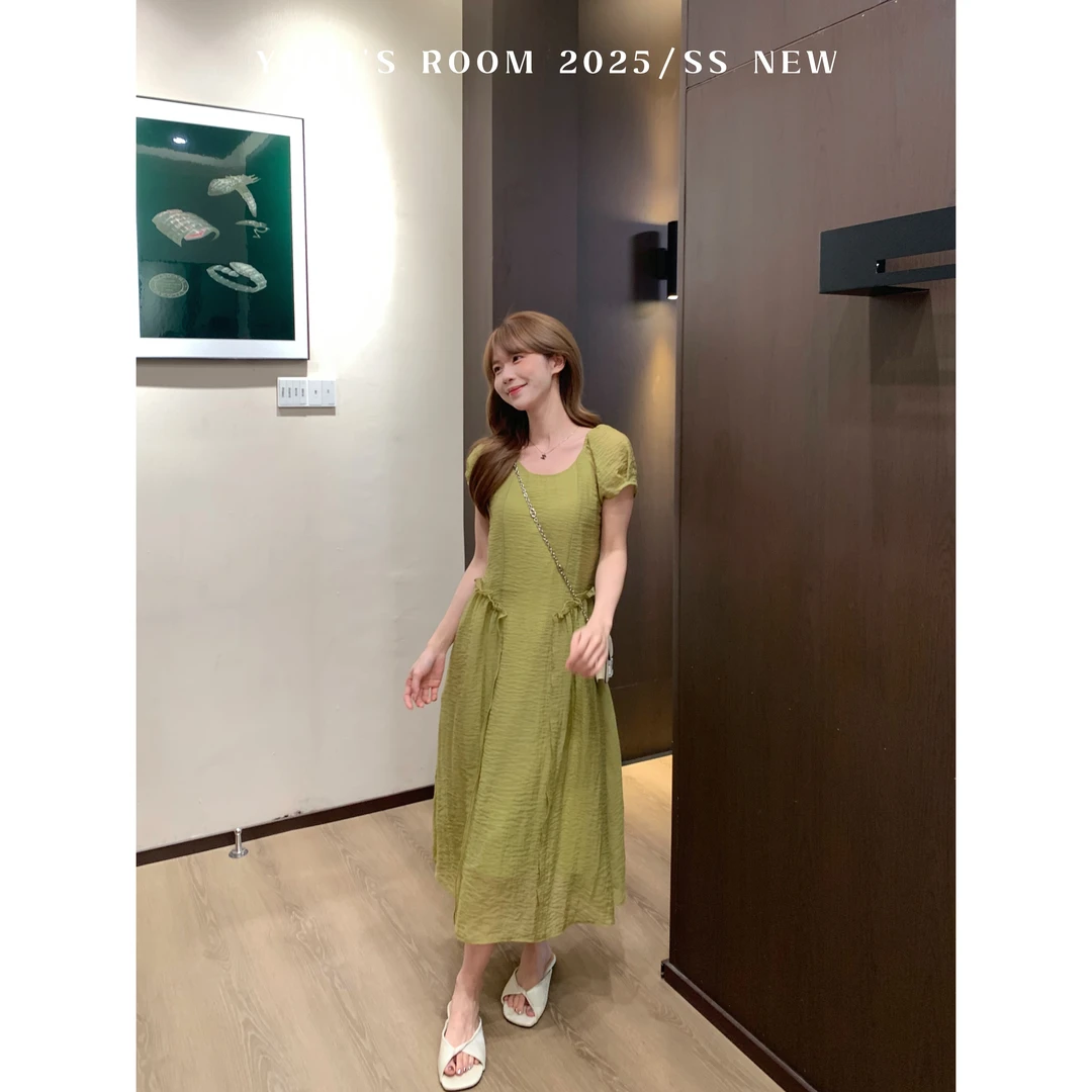 【现货】YOMI小个子【风铃草】复古绿色设计感裙子夏季显瘦显白连衣裙