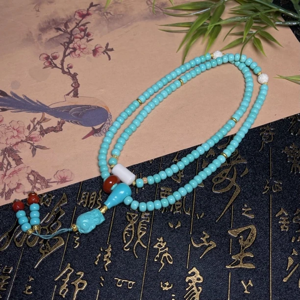 收藏级湖北十堰果冻蓝绿矿松设计款108佛珠老型圆珠多圈毛衣链女