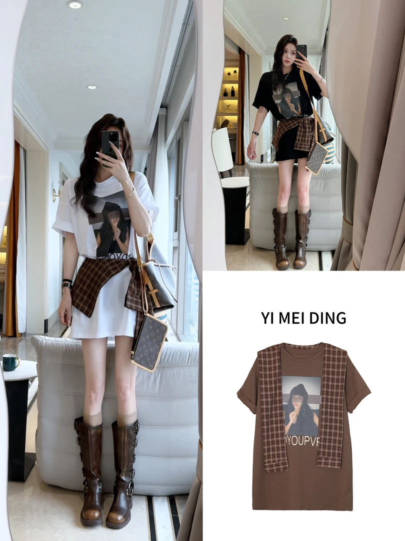 依美休闲时尚格子可披肩可腰封/美人印花T裙两件套套装