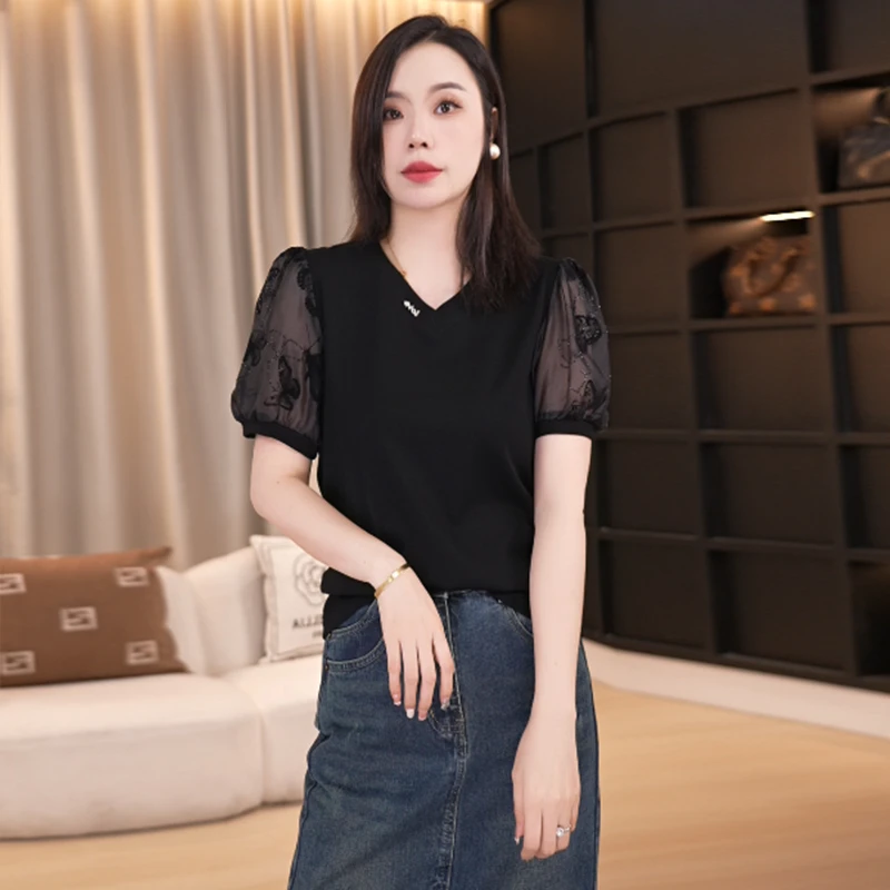 伊自尚镂空小衫遮肚子显瘦蕾丝绣花韩版短袖夏季上衣13825