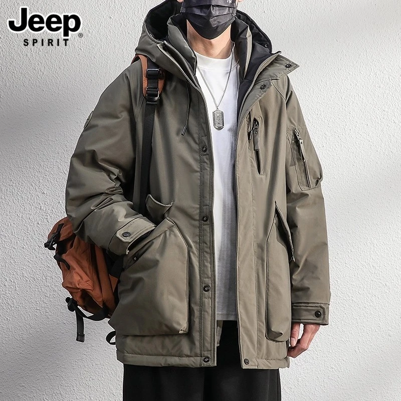 JEEPSPIRIT吉普雾绿色工装羽绒服男士中长款冬季加绒加厚保暖冲锋