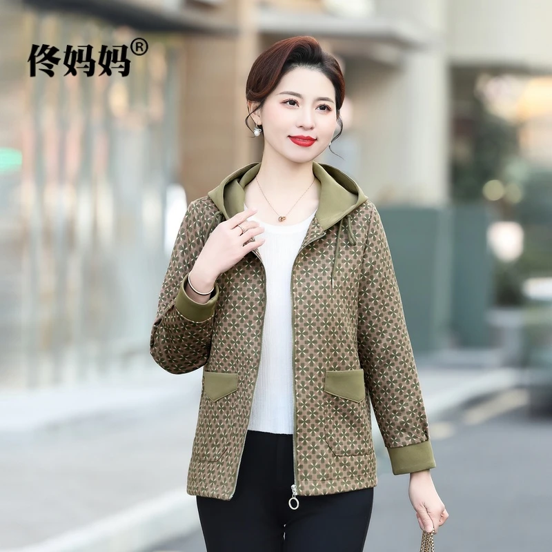 妈妈春秋款外套洋气休闲短款上衣服2025新款中老年人连帽风衣2439