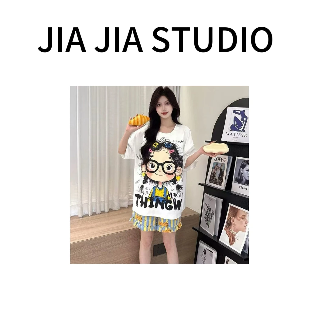 嘉嘉推荐#066【夏季-双短 带胸垫】时尚百搭印花家居服