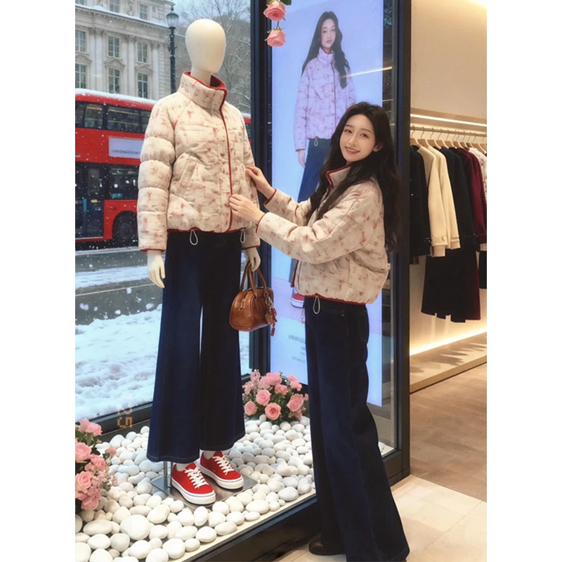 2025欧货百搭时尚显瘦韩版棉服上衣直筒牛仔裤两件套潮流女士