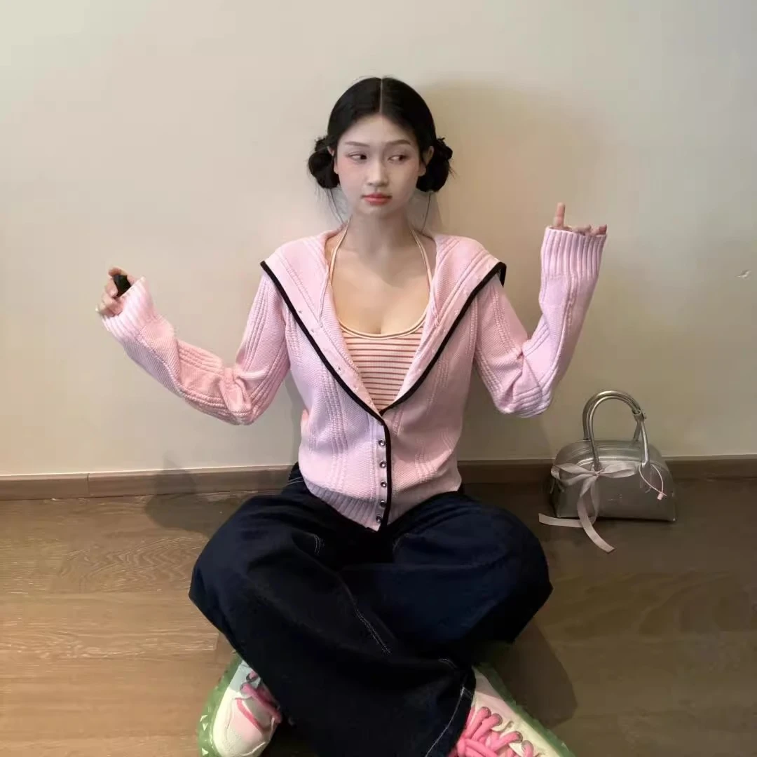 甜美撞色边慵懒学院风秋季海军领针织外套毛衣开衫女显瘦气质上衣