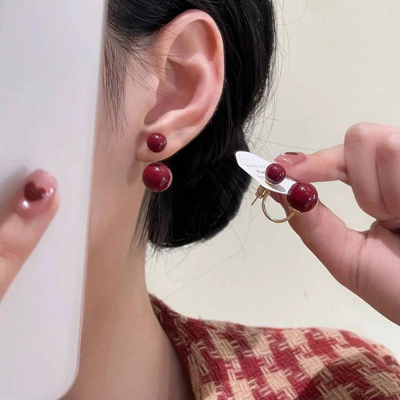 铜合金耳饰 【064】秋冬氛围感红色两戴款耳钉显白时尚气质百搭耳环