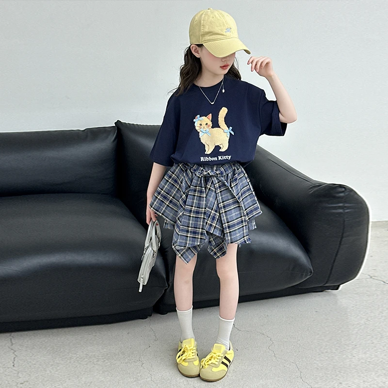 女童夏季短袖套装2025新款儿童卡通T恤背心不规则格子裙裤两件套
