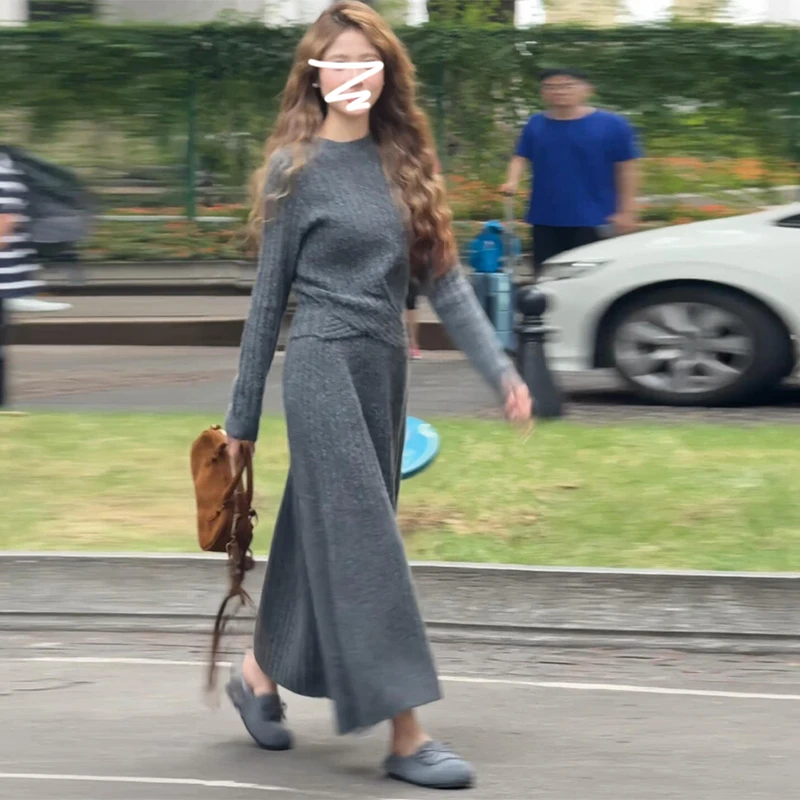 【现货+运补】灰色打底针织连衣裙子女秋冬配大衣内搭套装长裙7695