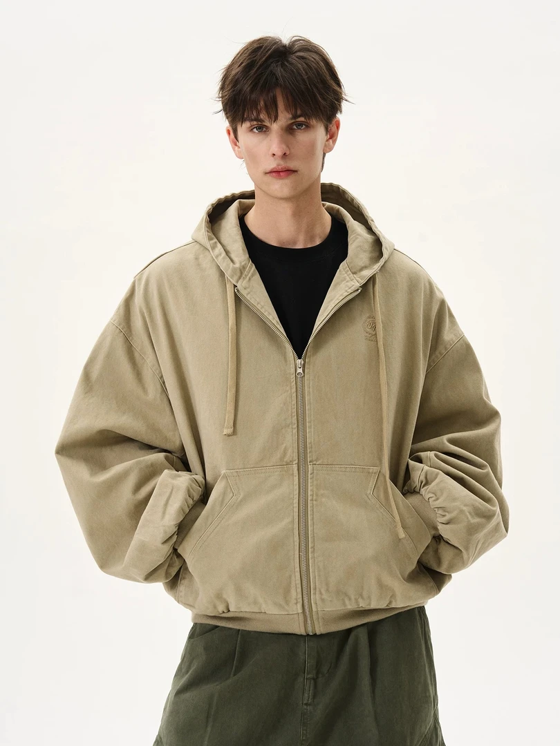 【醒醒】廓形短宽做旧水洗连帽夹克男女美式复古潮牌春季外套J213