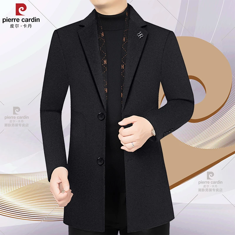皮尔卡丹男士新款高档加棉加厚秋冬季保暖毛呢大衣中年时尚外套潮