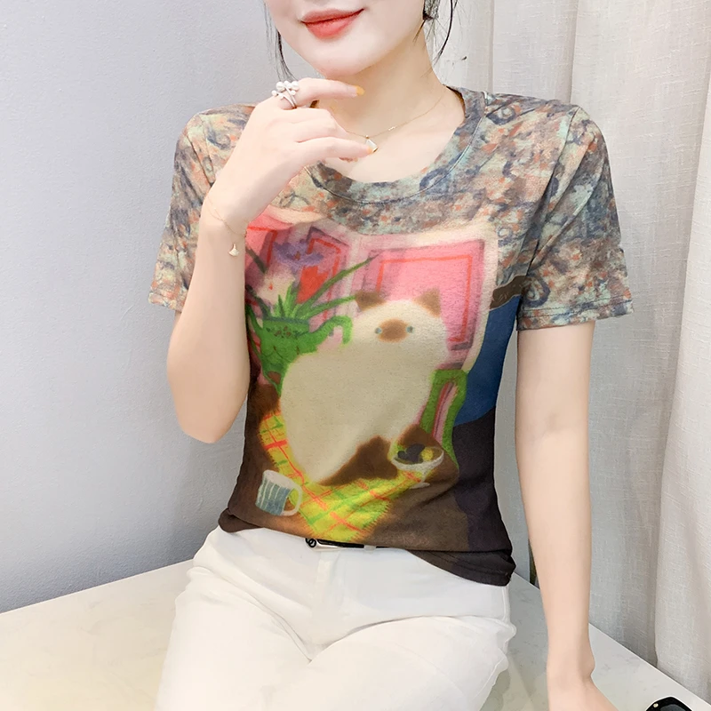 圆领时尚印花百搭短袖T恤女2025年夏季新款洋气微透通勤休闲女装