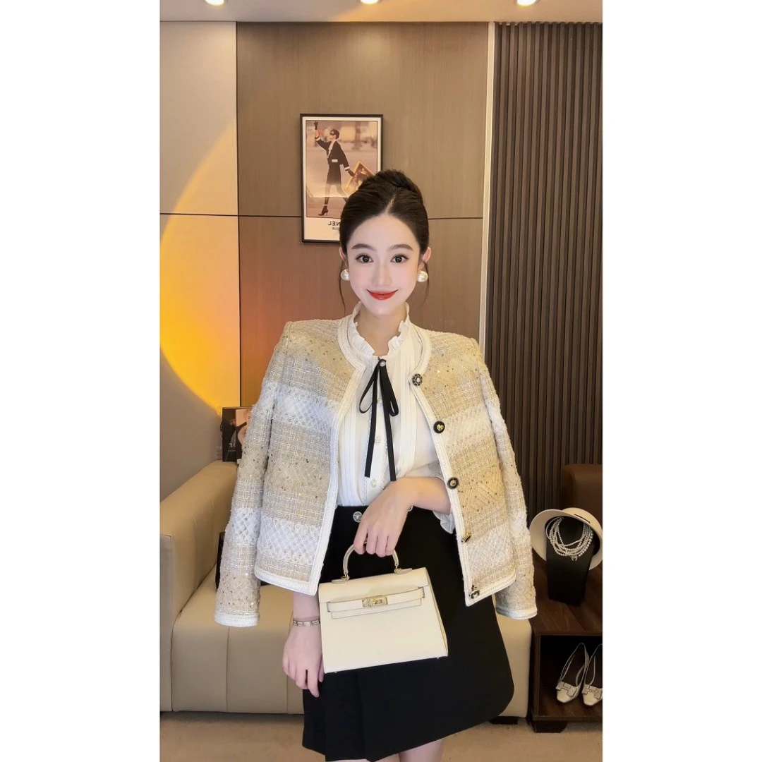 DALI PLUS时尚设计师经典秀场条纹网纱气质圆领小香风外套S3725-1