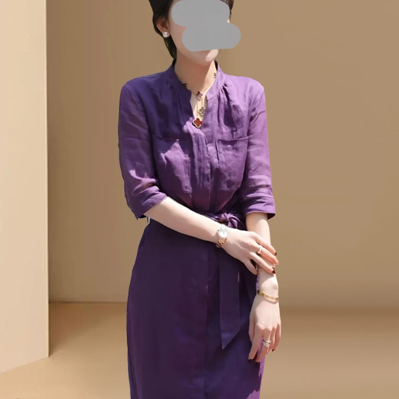 时尚V领系带五分袖连衣裙女装2025夏季新款高级感超好看百搭裙子