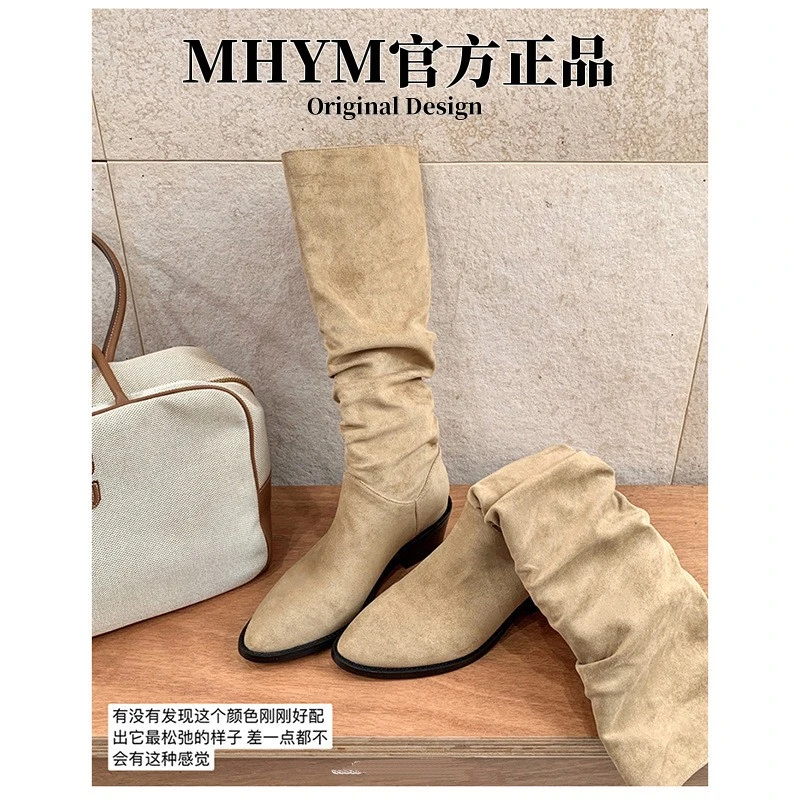 MH官方同款尖头长筒堆堆靴女绒面粗跟西部靴高筒骑士靴子