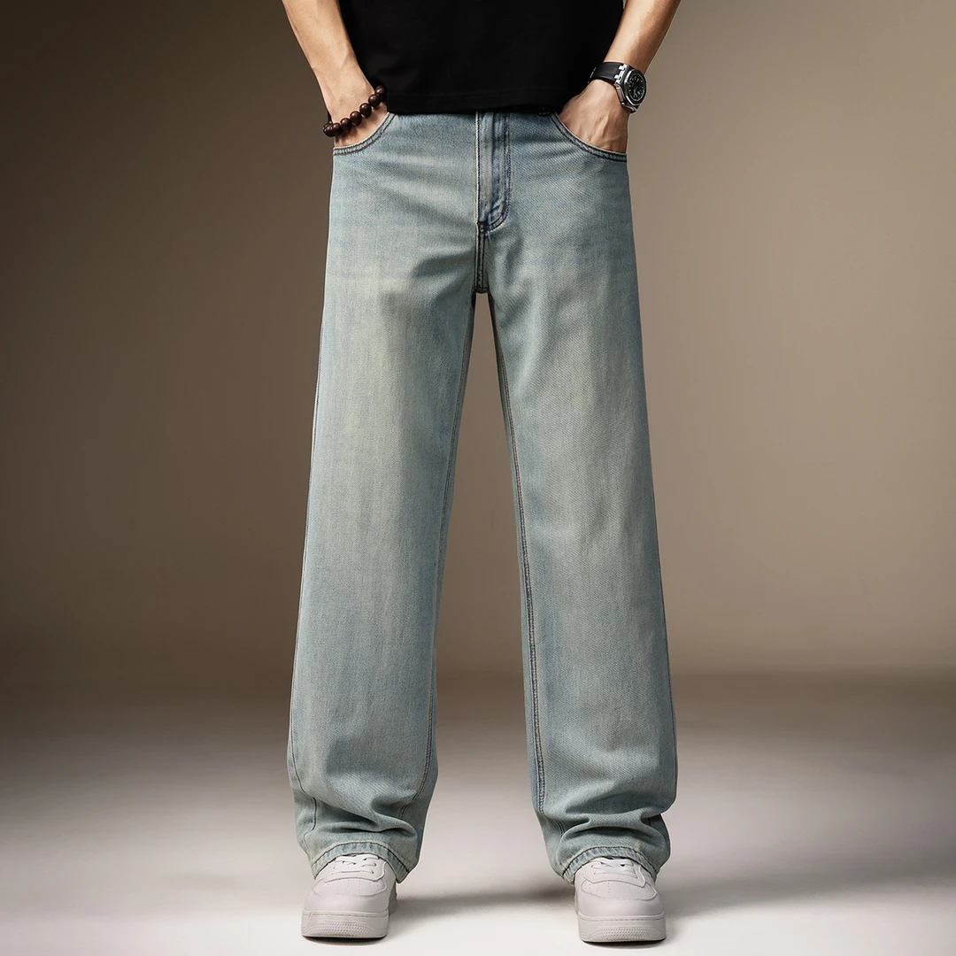 贵色莱赛尔垂感牛仔裤男夏季薄款高街潮牌美式水洗阔腿休闲直筒裤
