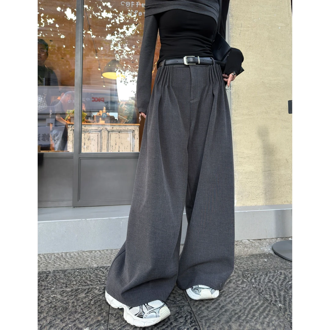 邓蕾婷【魔术裤】秋冬新款加绒压褶设计小众洋气高腰显瘦百搭阔腿裤