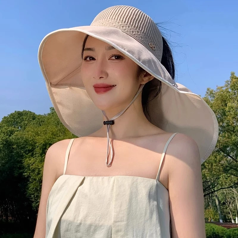 防晒帽子女夏季大檐防紫外线遮脸遮阳帽镂空顶薄款透气披肩太阳帽