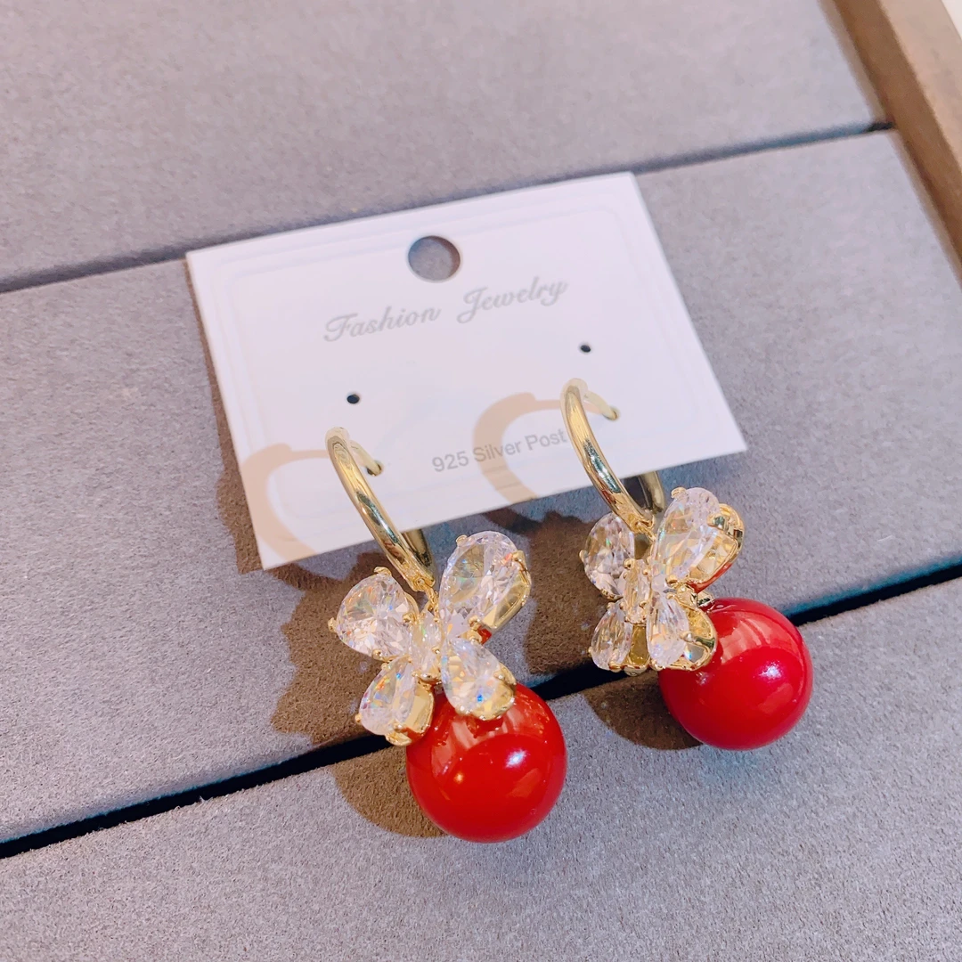 铜合金耳饰 新年红色蝴蝶款耳钉气质轻奢甜美5581