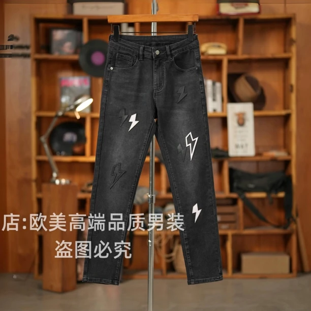 秋冬季原创高端美式刺绣印花男士黑色牛仔裤修身弹力高街休闲潮牌