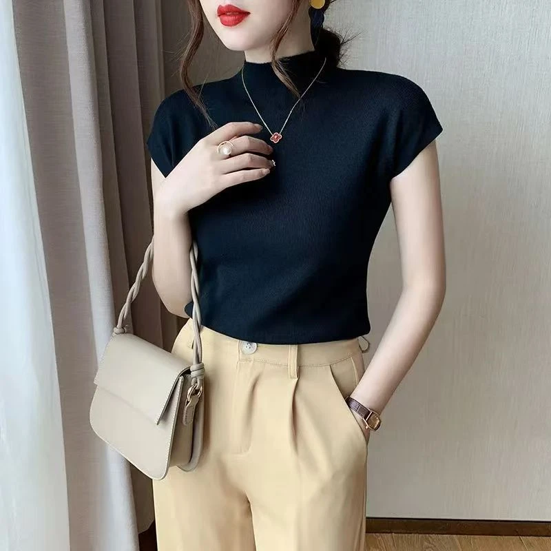 新款半高领打底衫t恤女薄短半袖针织衫修身上衣毛衣短袖内搭外穿