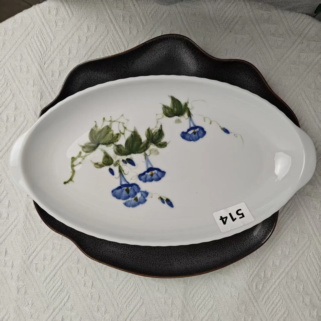 景德镇手绘釉中彩（食品级）饺子盘盘子双耳鱼盘514