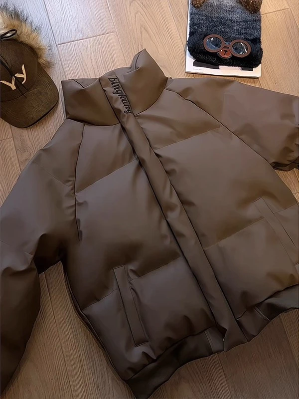 美式咖啡色PU皮棉服男女冬季加厚保暖防风防水棉衣高级感短款棉袄