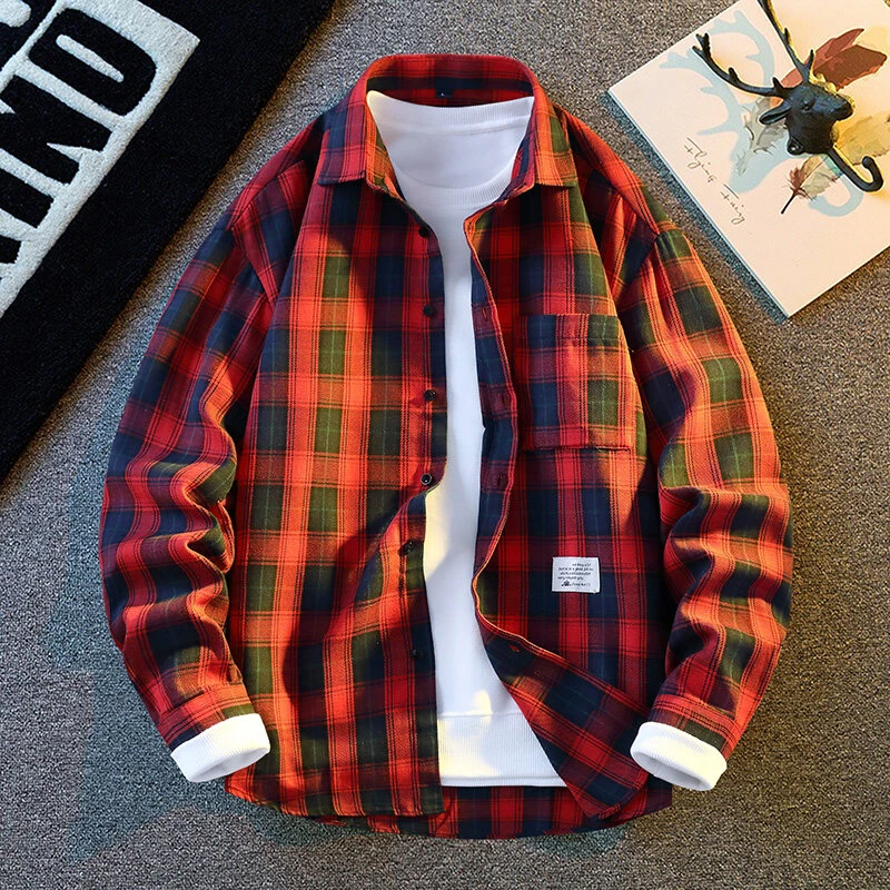 2025春秋季新款格子衬衫男潮牌美式长袖寸衣青少年宽松休闲薄外套