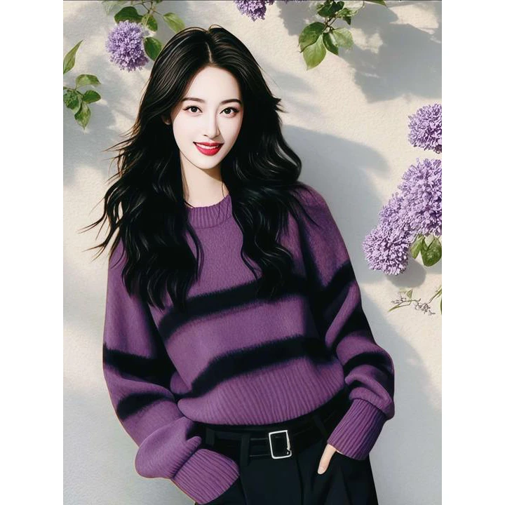 冬季高级感超好看打底上衣设计感小众独特紫色条纹针织衫毛衣套装