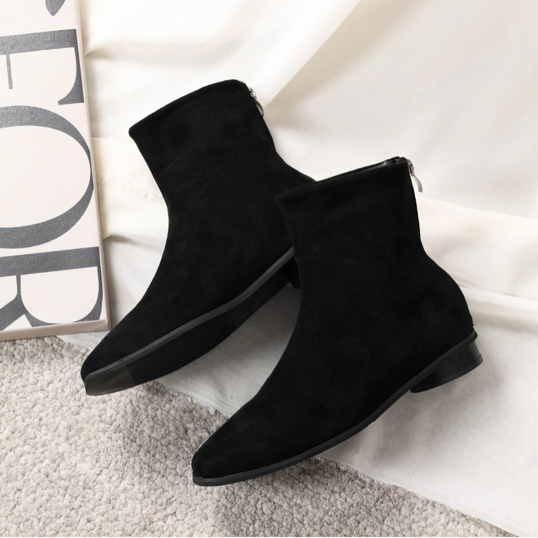 绒面显瘦马丁靴年复古粗跟后拉链短靴女冬季新款弹力瘦瘦靴潮