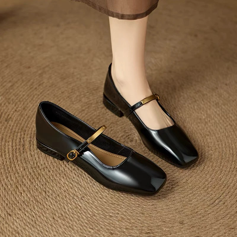 平底单鞋女方头浅口一字带软底玛丽珍鞋不累脚洋气绝美女士工作鞋