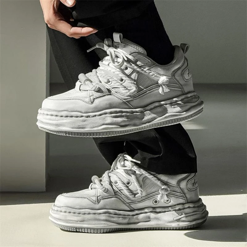 国潮小众做旧7cm隐形增高小白鞋擦色复古溶解鞋男女厚底休闲板鞋