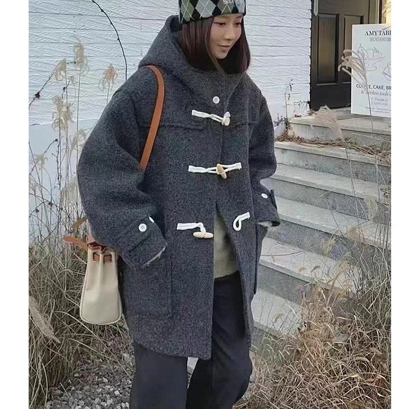韩国东大门洋气减龄木质牛角扣连帽中长款羊毛毛呢大衣秋冬冬外套
