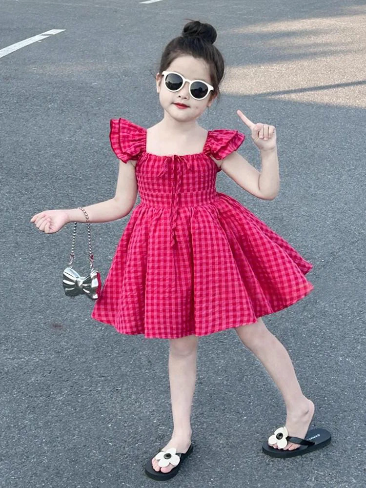 韩版2025夏季新款火龙果色格子小飞袖连衣裙小女孩甜美度假连衣裙