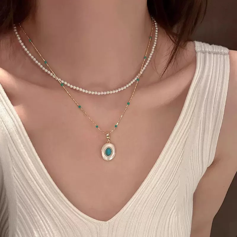 钛钢项链 绿石头珍珠项链叠戴锁骨链高级感轻奢小众吊坠颈链饰品