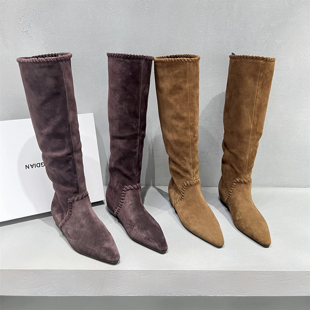 欧洲站女靴2025秋新款欧货真皮磨砂皮尖头平底高筒长靴时装瘦瘦靴