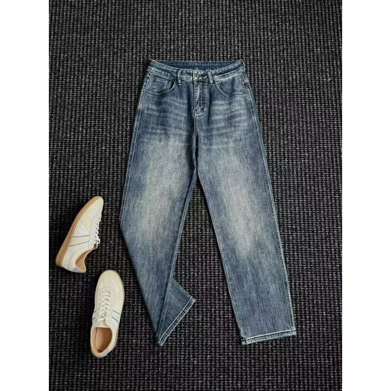 高街做旧水洗蓝色垂感直筒牛仔裤宽松微喇休闲百搭阔腿长裤