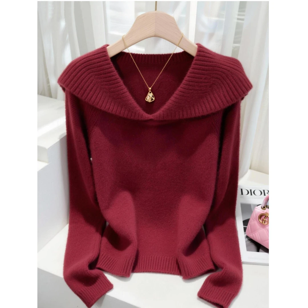 2025秋冬季新款女装翻领红色毛衣高级感慵懒风减龄套头针织衫爆款