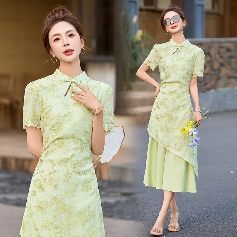 新中式国风复古修身显瘦少女绿色气质改良旗袍中长款连衣裙夏季