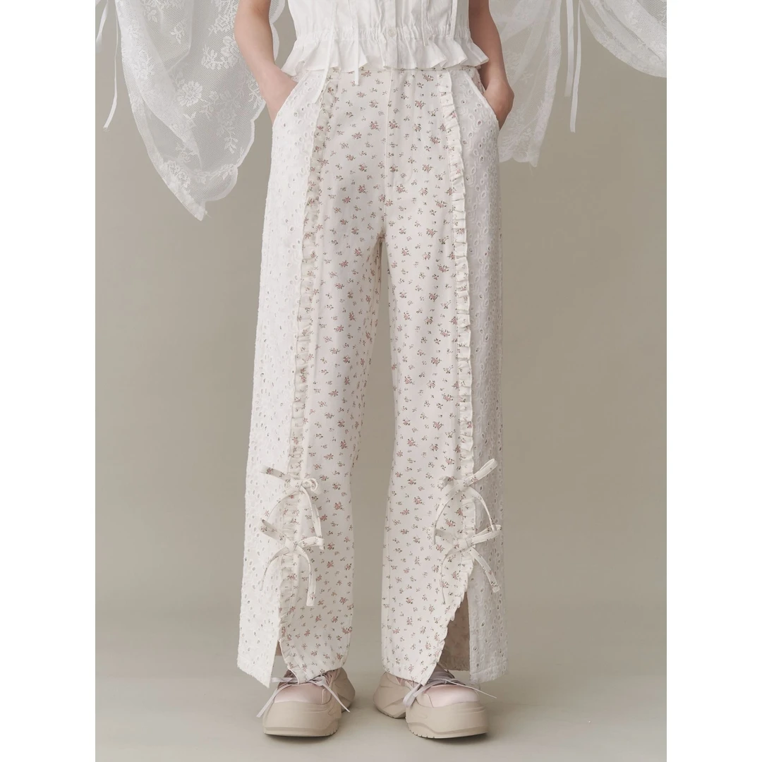 【六哥家】夏季新款 M 开叉蕾丝百搭凉感透气出游花卉开叉休闲裤